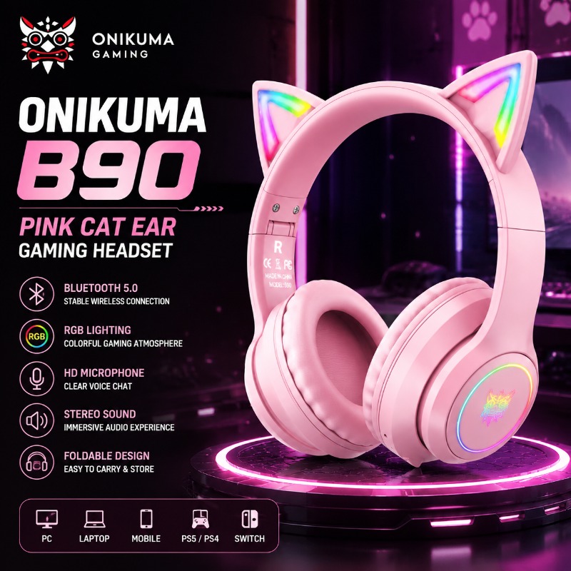 Gaming Headset With Mic Rgb - Onikuma B90 Pink Cat Ear Gaming