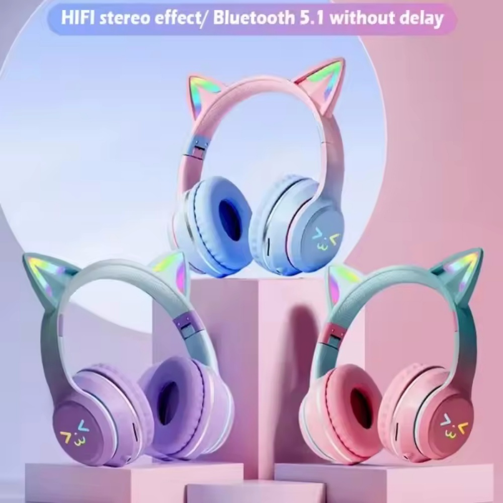 Type C Wired Earphones With Mic - Gradient wireless Headphones RGB cute cat