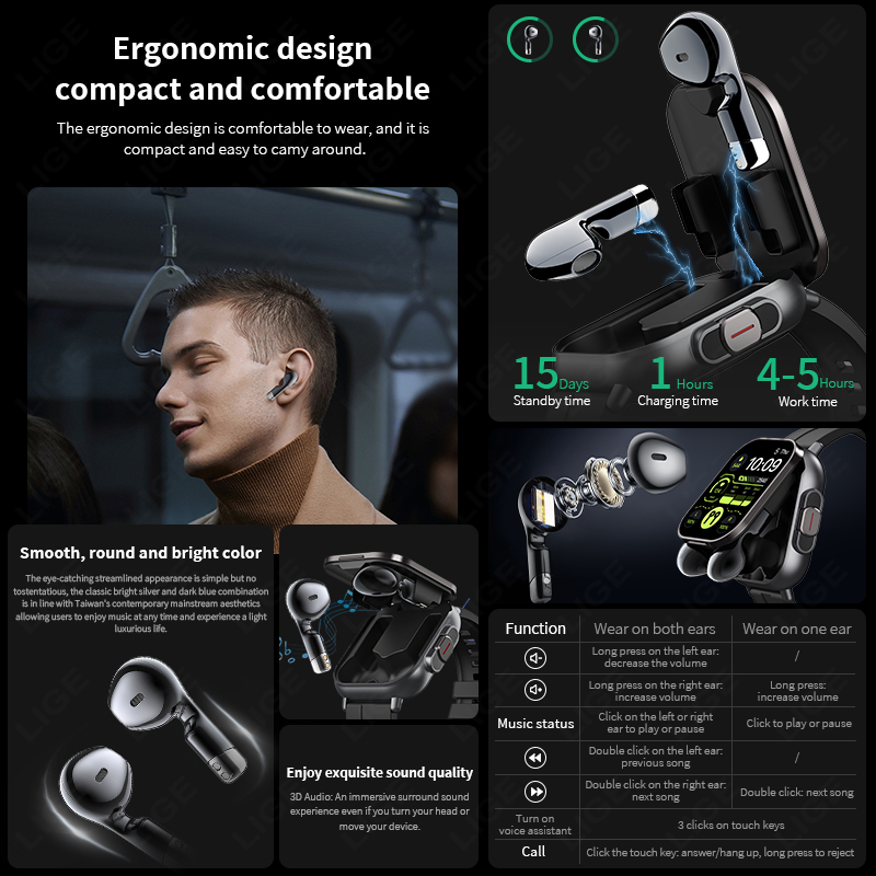 LIGE New 2 In 1 TWS Smart Watc - đánh giá và giá Tws Earbuds Bluetooth 5.3