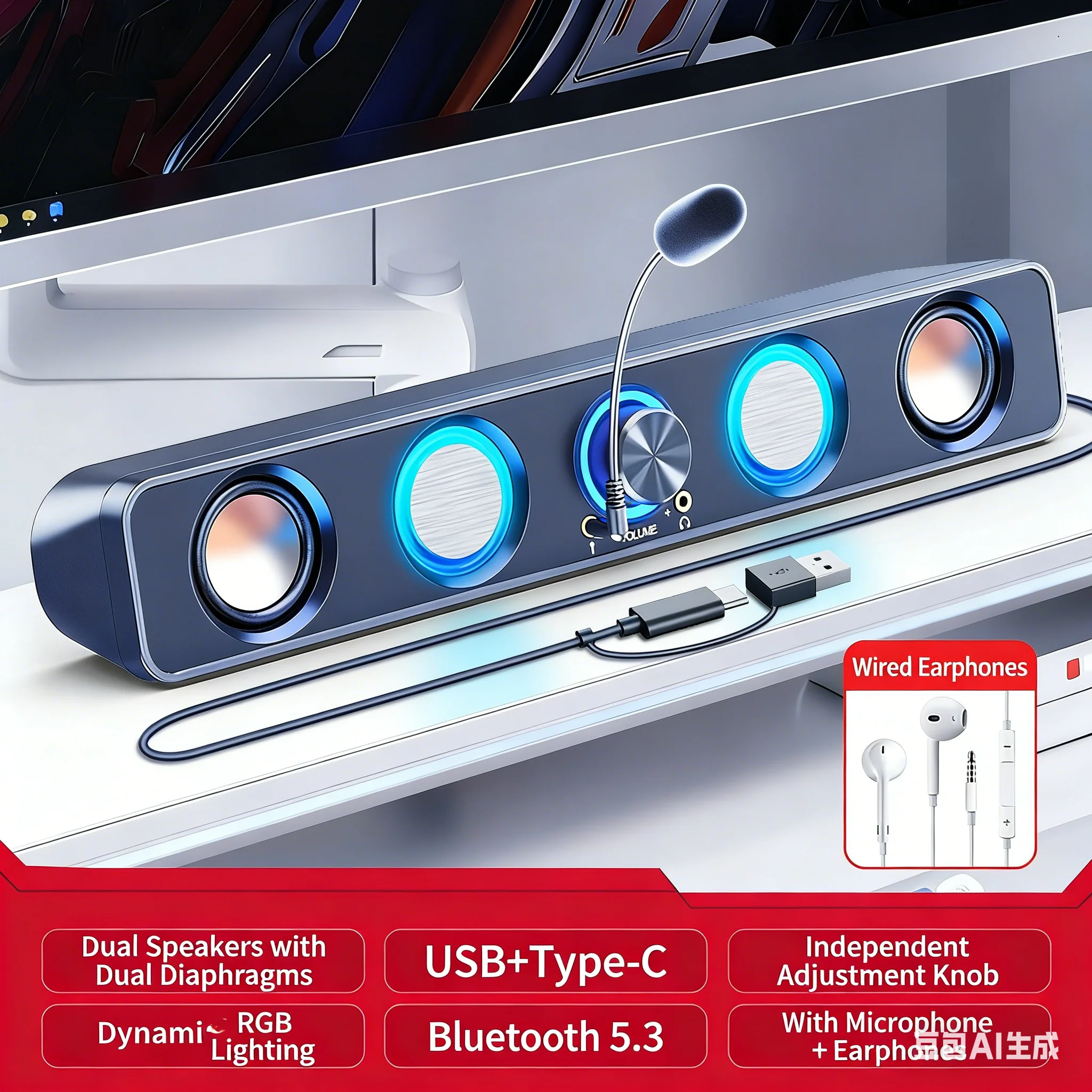 RGB Gaming Soundbar 2.0 Surrou - đánh giá và giá Rgb Computer Soundbar For Pc